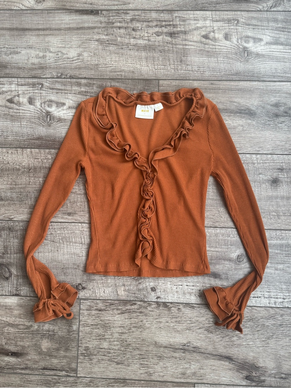 Autumnal orange ruffle ribbed long sleeve top - Maeve